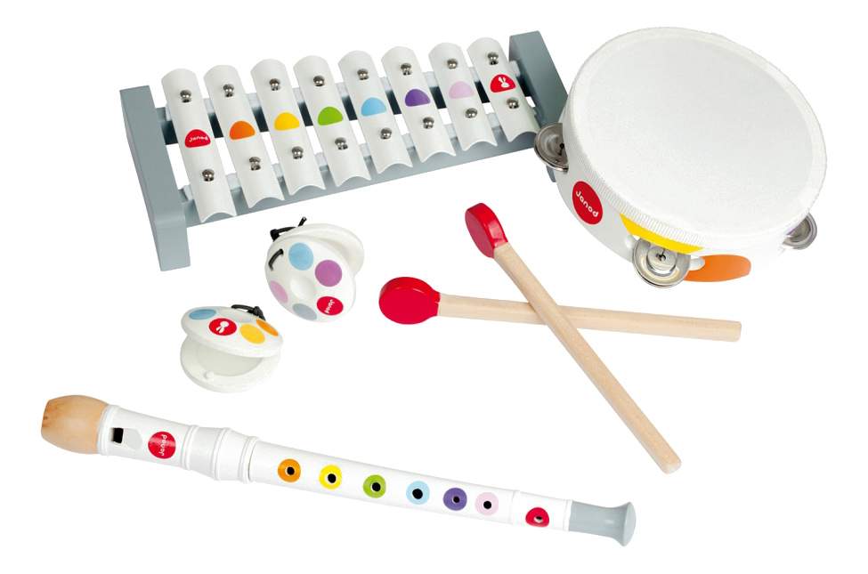 J07600 Набор музыкальных инструментов: металлофон, флейта, бубен, барабанные палочки, кастаньеты (белый)