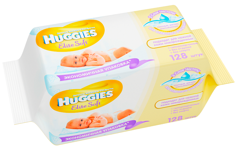 Салфетки детские влажные Huggies Elite Soft без отдушки 128 шт