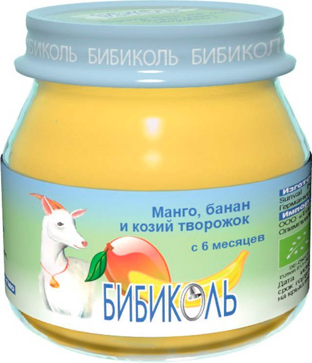 Детское пюре Бибиколь органическое манго банан и козий творожок  с 6 мес. 80 г