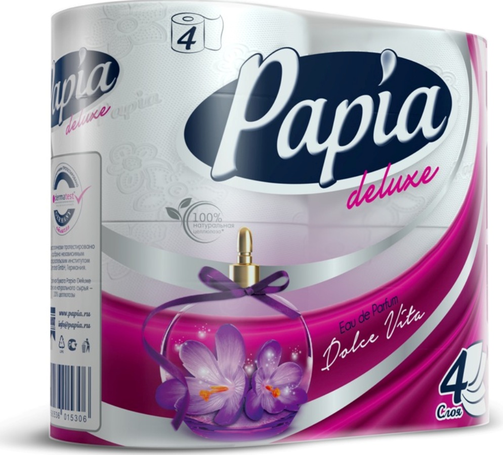 Туалетная бумага Papia Deluxe белая Dolce Vita с рисунком 4 рулона