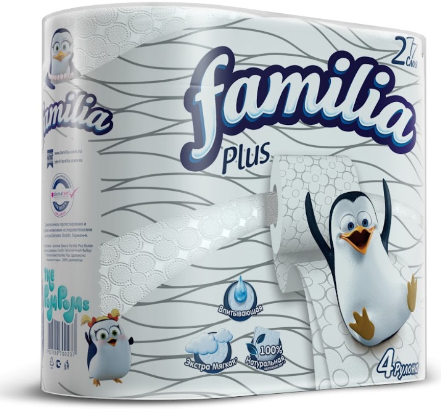 Туалетная бумага Familia Plus белая двухслойная 4 шт