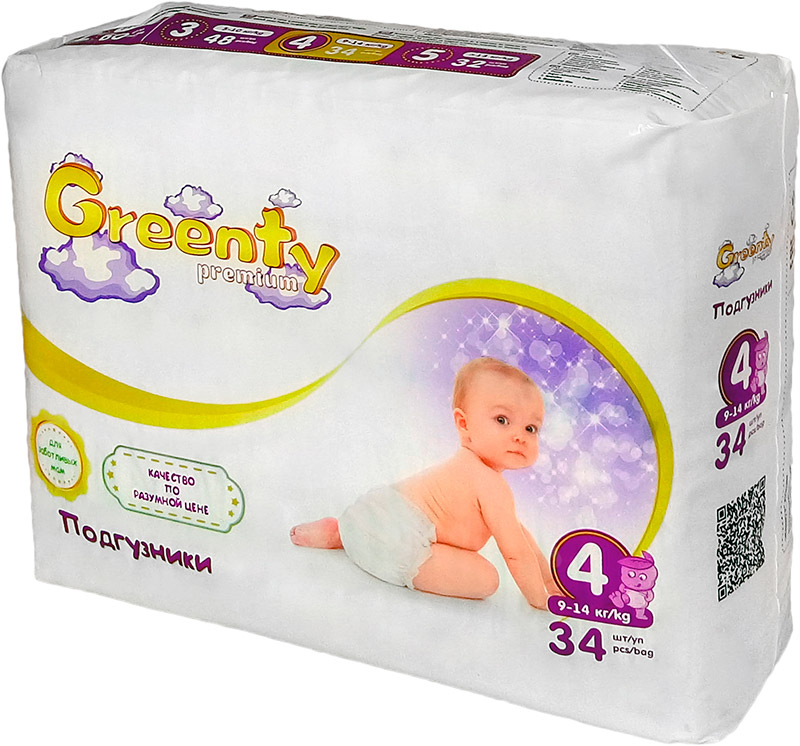 Подгузники Greenty Premium размер 4 (9-14 кг) 34 шт
