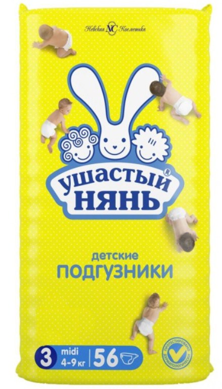 Подгузники Ушастый нянь размер M (4-9 кг) 56 шт