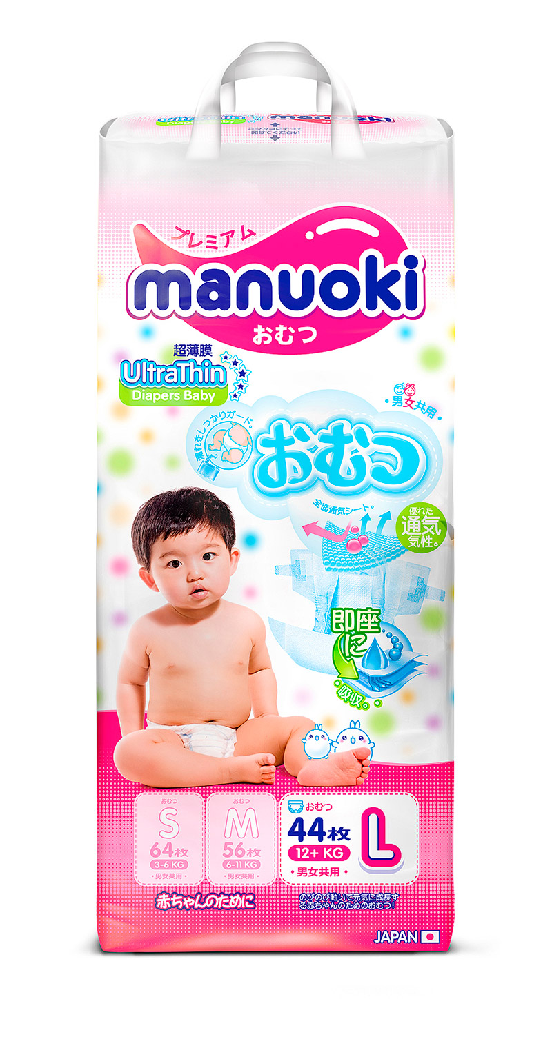 Подгузники Manuoki размер L (12+ кг) 44 шт