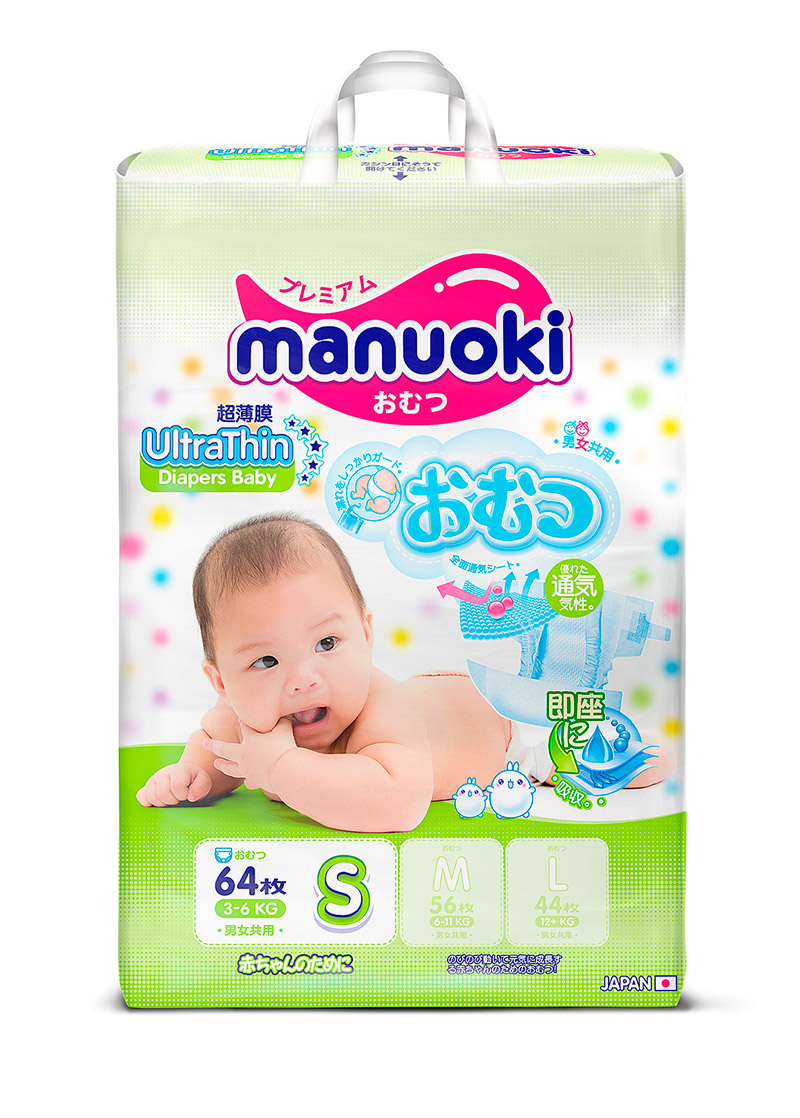 Подгузники Manuoki размер S (3-6 кг) 64 шт