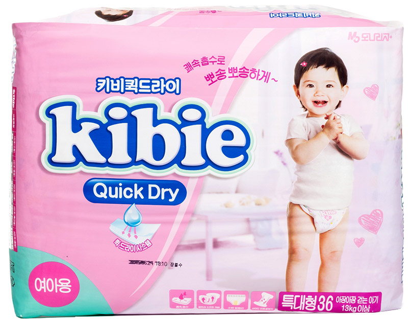 Подгузники для девочек Kibie Quick Dry XL 13+ кг, 36 шт